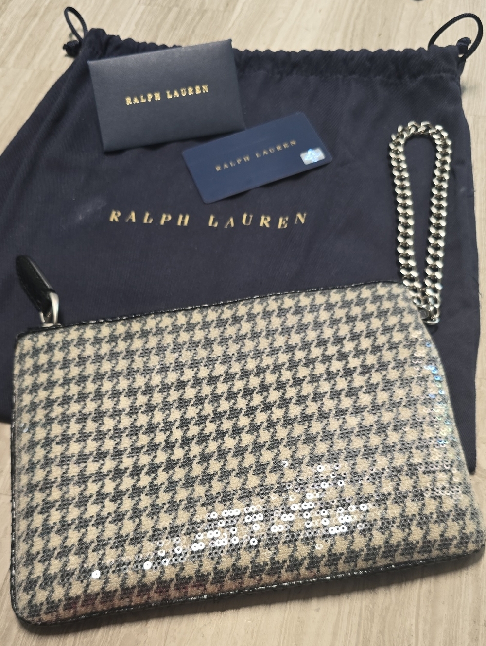 Ralph Lauren Beige & Black Houndstooth Sequin Chain Wristlet